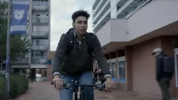 Grey bomber jacket worn by Jann Mardenborough (Archie Madekwe) as seen in Gran Turismo