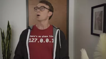 There's No Place Like 127.0.0.1 T-Shirt in red worn by Riley Detamore (Wilson Bethel) as seen in Match Me If You Can