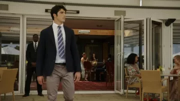 The "unstructured" blue mesh blazer worn by Alex Claremont Diaz (Taylor Zakhar Perez) in Red White and Royal Blue (My Dear F***ing Prince)