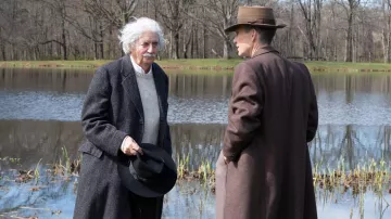 The brown coat worn by J. Robert Oppenheimer (Cillian Murphy) in the movie Oppenheimer