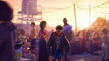 Sleeveless denim jacket with red hood worn by Miles Morales (Shameik Moore) in Spider-Man: Across the Spider-Verse