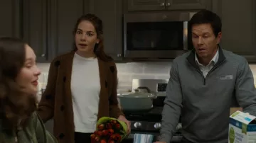 Brown cardigan worn by Jessica Morgan (Michelle Monaghan) as seen in The Family Plan movie outfits