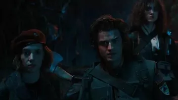 Black brown leather military jacket worn by Steve Harrington (Joe Keery) in Stranger Things TV show (S04E09)