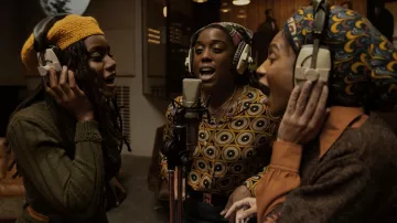 Geometric print top worn by Rita Marley (Lashana Lynch) as seen in Bob Marley: One Love movie