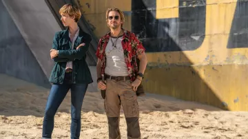 Red hawaiian shirt worn by Trapper (Dan Stevens) as seen in Godzilla x Kong: The New Empire movie wardrobe