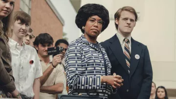 Geometric print jacket worn by Shirley Chisholm (Regina King) as seen in Shirley movie