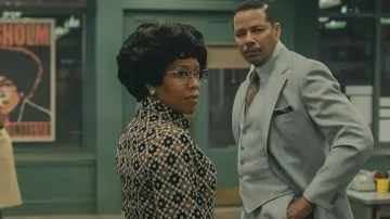 Printed dress worn by Shirley Chisholm (Regina King) as seen in Shirley movie wardrobe