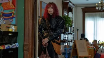 Long Leather Coat in black worn by Elizabeth (Tilda Swinton) as seen in Problemista movie wardrobe