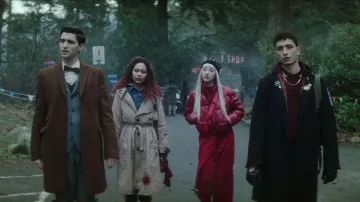 Red down jacket worn by Niko (Yuyu Kitamura) as seen in Dead Boy Detectives TV show wardrobe (Season 1 Episode 4)