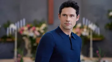 Blue polo shirt worn by Derrick (Ben Hollingsworth) as seen in An Easter Bloom