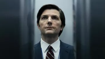 Severance TV series outfits: Adam Scott wears Burgundy Striped Tie to portray Mark in season 2, episode 2