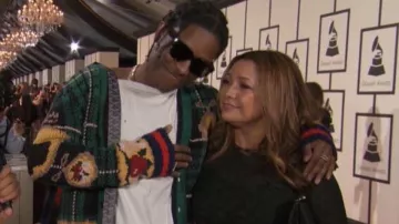 A$AP Rocky wears a Gucci vest on the red carpet of the 58th GRAMMY Awards in 2016