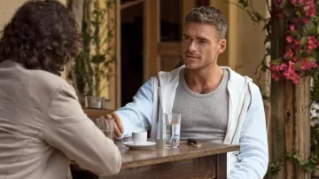 Killer Heat Outfits: Richard Madden wears grey zip hoodie to portray Elias 'Leonidas' in the movie