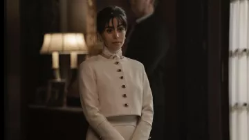 Outfits of The Penguin TV series: Cristin Milioti wears White Pelump jacket and skirt set to play Sofia Falcone in season 1, episode 1