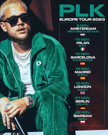 PLK wears a green tracksuit set on the poster of its PLK Europe Tour 2023