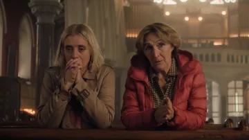Outfits of Bad Sisters: Fiona Shaw wears red down jacket to portray Angelica Collins in season 2, episode 2