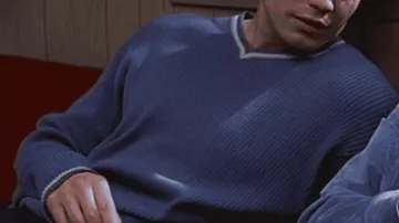 Glaucous Blue High V-Neck Sweater with Rib Stitching and White Trim of Mickey (Timothy Olyphant) in Scream 2