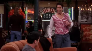 Women's V-neck button-down shirt with pink design on front worn by Ross Geller (David Schwimmer) in Friends (S10E09)
