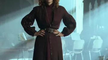 Burgundy dress worn by Isadora Capri (Billie Piper) in Wednesday (S02E04)