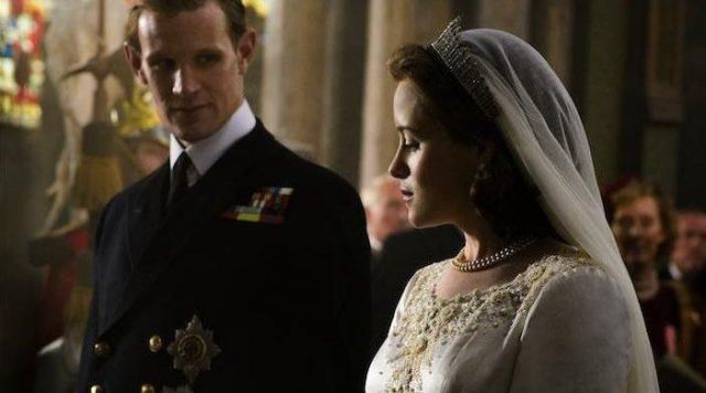 The wedding dress of Elizabeth II (Claire Foy) in The Crown