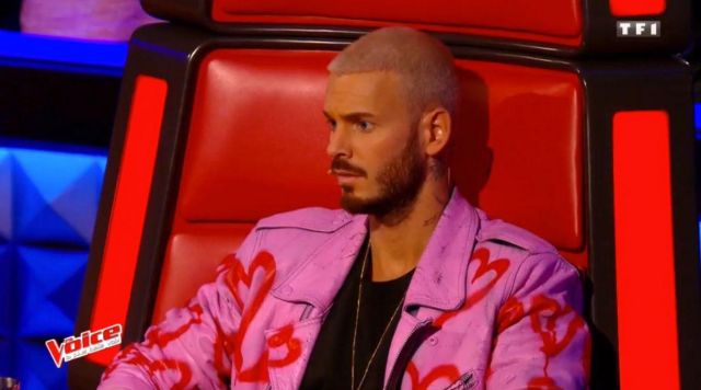 The biker jacket pink printed M Pokora in The Voice : The most beautiful voice in 2017