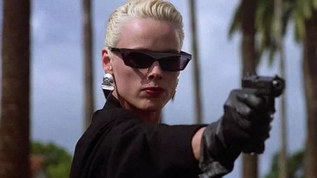 The black sunglasses worn by Karla Fry (Brigitte Nielsen) in the movie Beverly Hills Cop II