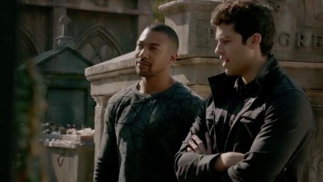 The blue sweater has geometric designs, Marcel Gerard (Charles Michael Davis) in The Originals S04E11