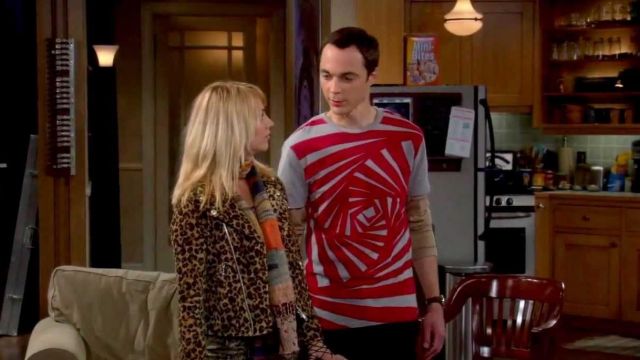 The t-shirt geometric red and white spiral vortex of Sheldon Cooper (Jim Parsons) in The Big bang Theory S01E10