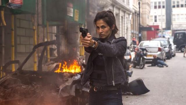 Suede moto jacket worn by Amelia Roussel (Elodie Yung) as seen in The Hitman's Bodyguard