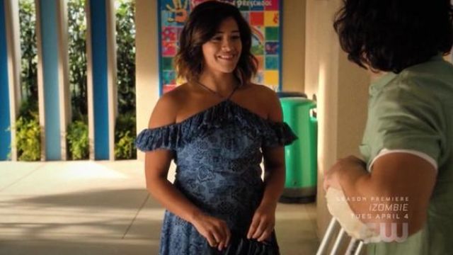 Blue off-shoulder dress Zuni by Majorelle worn by Jane Villanueva (Gina Rodriguez) as seen in Jane The Virgin S03E15