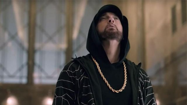 Venom-inspired black and white bomber jacket worn by Eminem in his Empire State Building performance of "Venom" at Jimmy Kimmel Live!