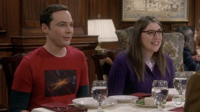 The red t-shirt "galaxy" of Sheldon Cooper (Jim Parsons) in The Big Bang Theory S12E13