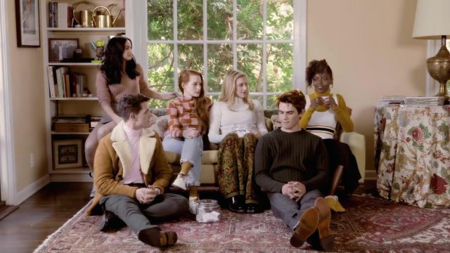Floral green Pants worn by Lili Reinhart in Riverdale Cast Plays Truth or Dare video by Vogue