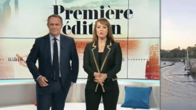The blazer with gold-rimmed worn by Adeline Francis in First Edition the morning of BFM on 14 may 2019