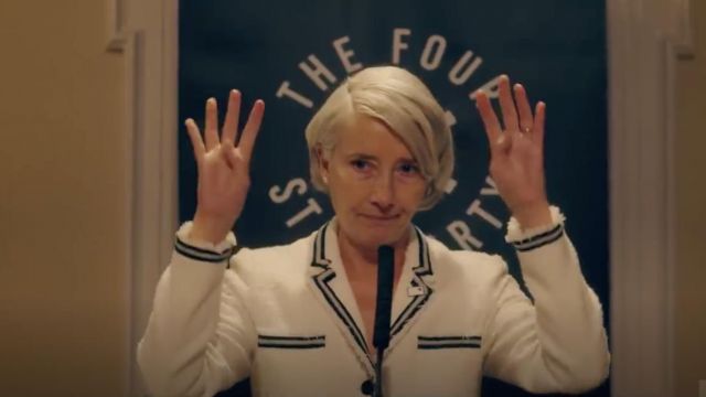 Jacket blazer white frayed on edged in blue from Vivienne Rook (Emma Thompson) in Years and Years (Season 1)