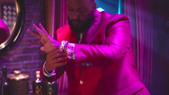 Red suit jacket worn by DJ Khaled as seen in his Celebrate music video feat. Travis Scott, Post Malone
