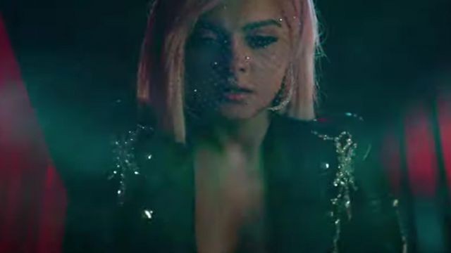 Black perfecto with strass worn by Bebe Rexha as seen in Call You Mine music video with The Chainsmokers