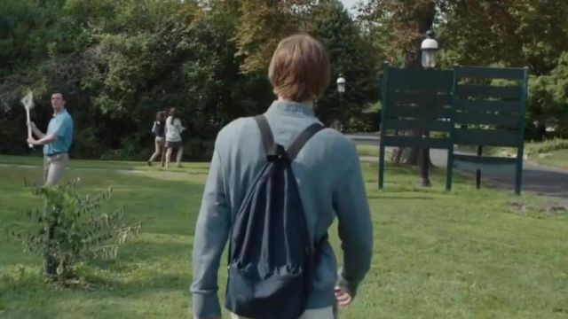 blue backpack with black straps worn by Tobias Hammel (Thomas Mann) in The Preppie Connection