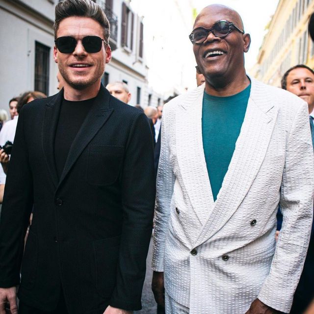 The white jacket with two buttons, worn by Samuel L Jackson in Milan for Fashion Week Man on June 18, 2019