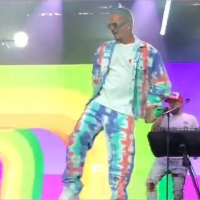 The jean multicolor worn by J. Balvin on stage for his concert at the Solidays on June 23, 2019 in Paris