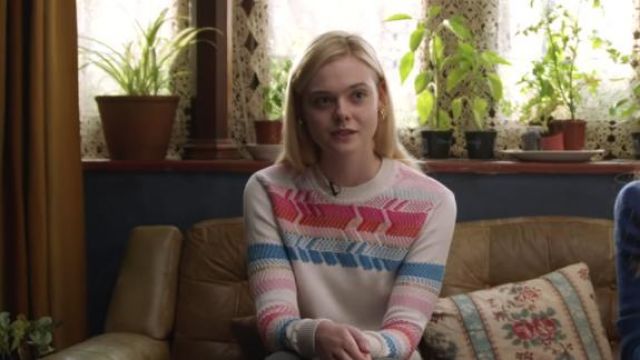 Pink, blue, and white sweater worn by Violet (Elle Fanning) in Teen Spirit