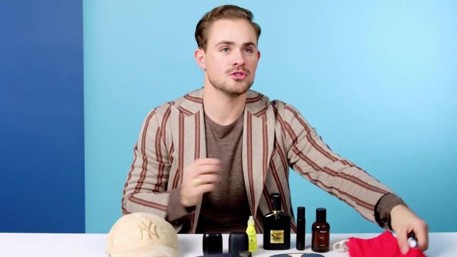 Striped jacket worn by Dacre Montgomery in 10 Things Stranger Things' Dacre Montgomery Can't Live Without video by GQ