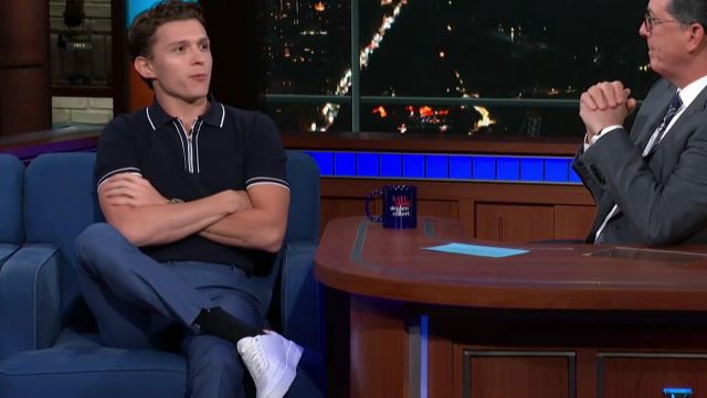 The blue pants of Tom Holland in The Late Show with Stephen Colbert