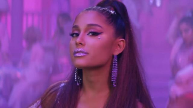 Purple pinkish rhinestone earrings of Ariana Grande in the music video 7 rings