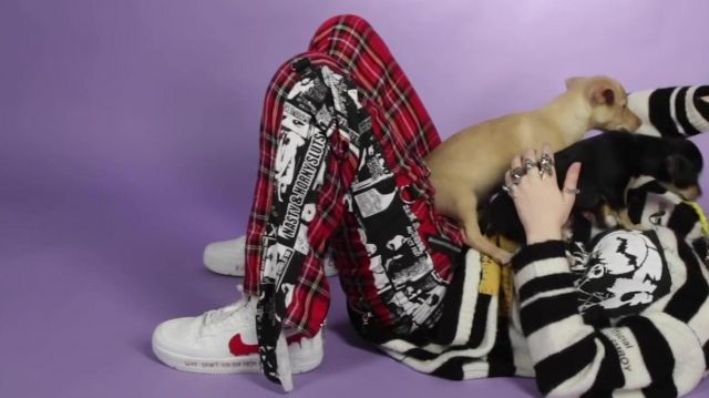 Le pantalon imprimé et tartan de Billie Eilish dans la vidéo YouTube Billie Eilish Plays With Puppies While Answering Fan Questions