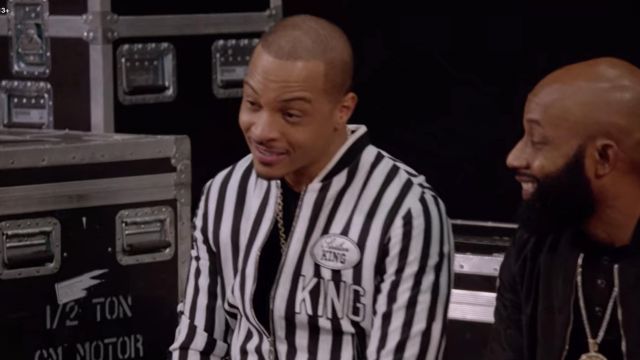Sicilian King patch striped bomber jacket worn by T.I. in Rhythm + Flow (S01E06)