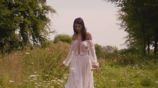 Off shoulder white long dress with long sleeve worn by Sonia Ben Ammar in her Joyride music video