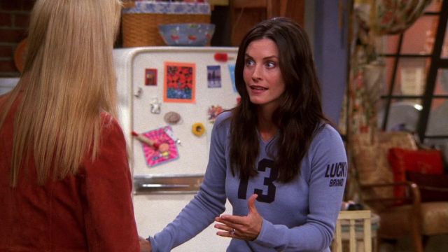Lucky Brand "13" sweater worn by Monica Geller (Courteney Cox) as seen in Friends (S08E05)