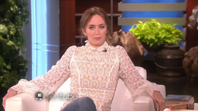 White Lace Blouse Top worn by Emily Blunt as seen in The Ellen De­Generes Show