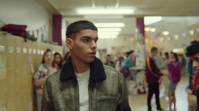Leather Jacket with fur colla worn by Rahim (Sami Outalbali) as seen in Sex Education (S02E01)
